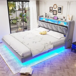 Gestoffeerd tweepersoonsbed – 180 x 200 cm – neerklapbaar gestoffeerd hoofdeinde met opbergruimte + LED-verlichting – MDF – lichtgrijs Gestoffeerd tweepersoonsbed – 180 x 200 cm – neerklapbaar gestoffeerd hoofdeinde met opbergruimte + LED-verlichting – MDF – lichtgrijs