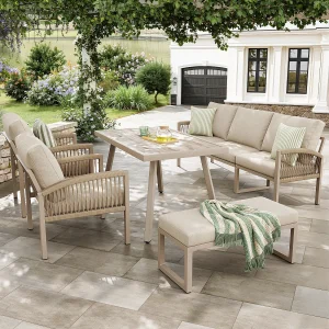 Handgeweven 7-persoons tuinset – IJzeren frame – inclusief kussens + 1 tafel + 2 fauteuils + bank – metaal – grijs Handgeweven 7-persoons tuinset – IJzeren frame – inclusief kussens + 1 tafel + 2 fauteuils + bank – metaal – grijs