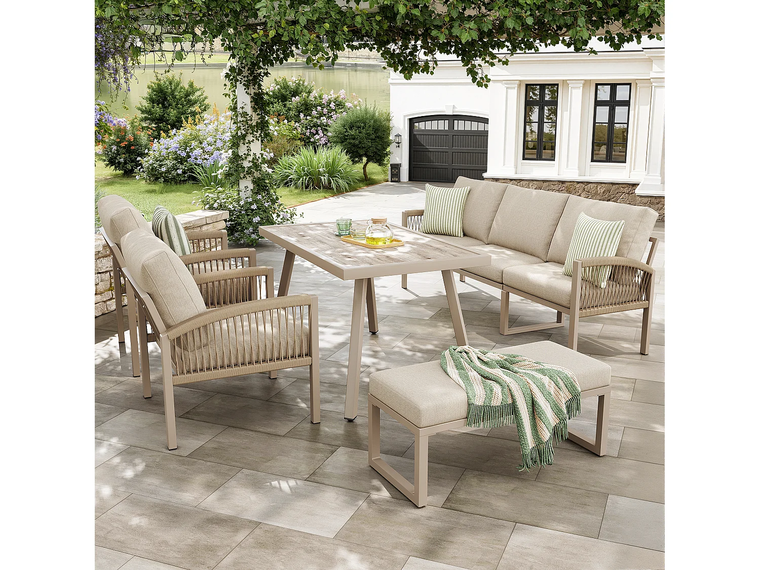 Handgeweven 7-persoons tuinset - IJzeren frame - inclusief kussens + 1 tafel + 2 fauteuils + bank - metaal - grijs