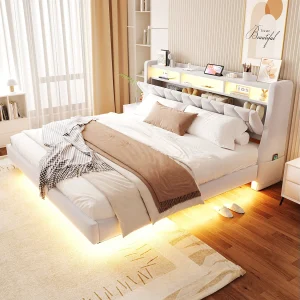 Gestoffeerd tweepersoonsbed – 180 x 200 cm – neerklapbaar gestoffeerd hoofdeinde met opbergruimte + LED-verlichting – MDF – beige Gestoffeerd tweepersoonsbed – 180 x 200 cm – neerklapbaar gestoffeerd hoofdeinde met opbergruimte + LED-verlichting – MDF – beige