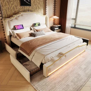 Gestoffeerd Bed 140x200cm – LED Sfeerverlichting Met App en Muziekmodus – USB-C Oplaadpunt – 4 Schuiflades – Fluweel – Zonder matras – Beige Gestoffeerd Bed 140x200cm – LED Sfeerverlichting Met App en Muziekmodus – USB-C Oplaadpunt – 4 Schuiflades – Fluweel – Zonder matras – Beige