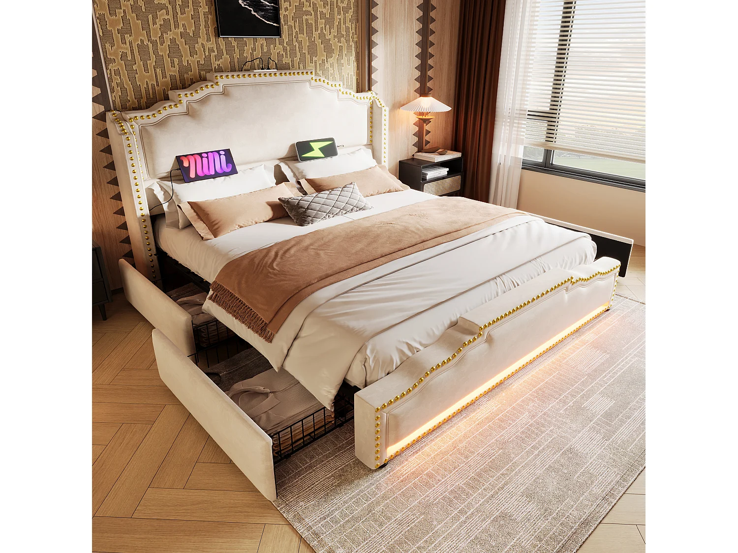 Gestoffeerd Bed 140x200cm - LED Sfeerverlichting Met App en Muziekmodus - USB-C Oplaadpunt - 4 Schuiflades - Fluweel - Zonder matras - Beige