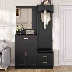 Halmeubel met spiegel, schoenenkast en bankje – 110x33x185,5 cm – Zwart Halmeubel met spiegel, schoenenkast en bankje – 110x33x185,5 cm – Zwart