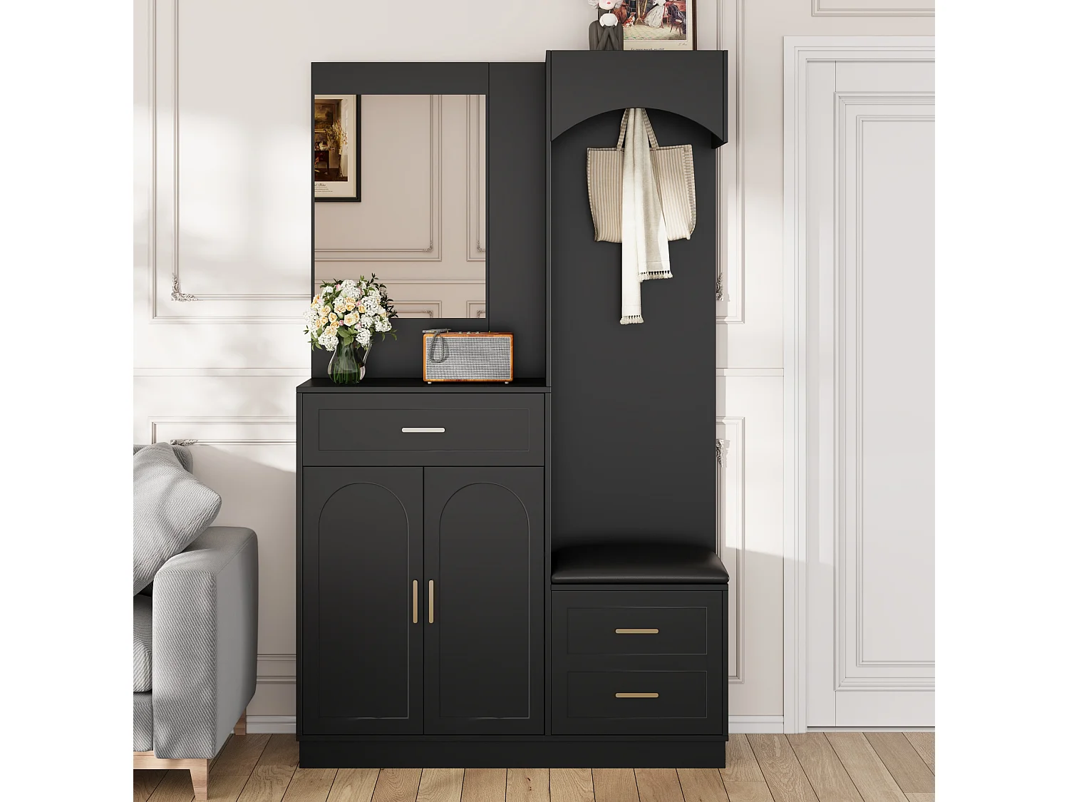 Halmeubel met spiegel, schoenenkast en bankje - 110x33x185,5 cm - Zwart