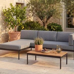 Modulaire aluminium tuinset: een hoekbank en salontafel – Licht naturel en antraciet kussens – GUIOMAR van MYLIA Modulaire aluminium tuinset: een hoekbank en salontafel – Licht naturel en antraciet kussens – GUIOMAR van MYLIA