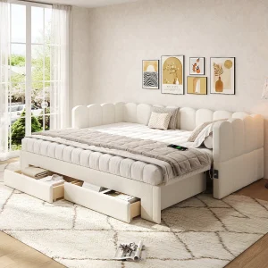 Gestoffeerde slaapbank voor kinderen – 90/180 x 200 cm – met 2 lades + USB-poort – linnen – beige Gestoffeerde slaapbank voor kinderen – 90/180 x 200 cm – met 2 lades + USB-poort – linnen – beige