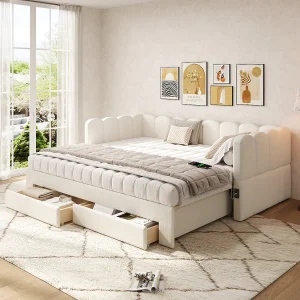 Gestoffeerde slaapbank voor kinderen – 90/180 x 190 cm – met 2 lades + USB-poort – linnen – beige Gestoffeerde slaapbank voor kinderen – 90/180 x 190 cm – met 2 lades + USB-poort – linnen – beige