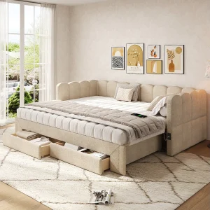 Gestoffeerde slaapbank voor kinderen – 90/180 x 200 cm – met 2 lades + USB-poort – Chenille – beige Gestoffeerde slaapbank voor kinderen – 90/180 x 200 cm – met 2 lades + USB-poort – Chenille – beige