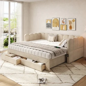 Gestoffeerde slaapbank voor kinderen – 90/180 x 190 cm – met 2 lades + USB-poort – Chenille – beige Gestoffeerde slaapbank voor kinderen – 90/180 x 190 cm – met 2 lades + USB-poort – Chenille – beige
