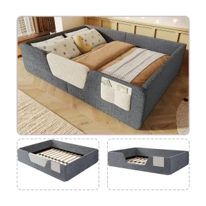 Gestoffeerd kinderbed – 140 x 190 cm – met afneembare veiligheidshekjes + stoffen opbergtas – fluweel – grijs