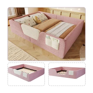 Gestoffeerd kinderbed – 140 x 190 cm – met afneembare veiligheidshekjes + stoffen opbergtas – fluweel – roze