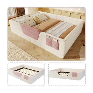 Gestoffeerd kinderbed – 140 x 190 cm – met afneembare veiligheidsrails + stoffen opbergtas – fluweel – beige