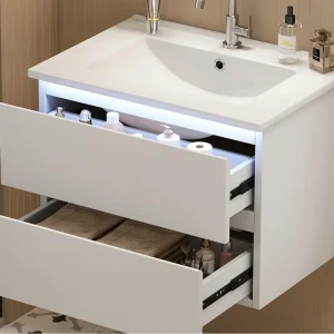 Hangend badkamermeubel 61x46x45 cm – met keramieken wastafel – LED-verlichting – 2 lades – Wit Hangend badkamermeubel 61x46x45 cm – met keramieken wastafel – LED-verlichting – 2 lades – Wit