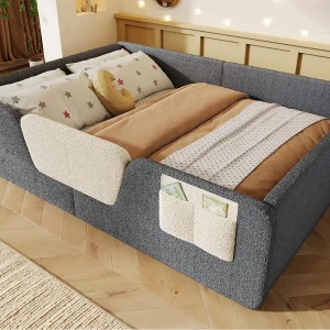 Gestoffeerd kinderbed 140×190 cm – met verwijderbare veiligheidshekken – met opbergzak – grijs (matras niet inbegrepen) Gestoffeerd kinderbed 140×190 cm – met verwijderbare veiligheidshekken – met opbergzak – grijs (matras niet inbegrepen)