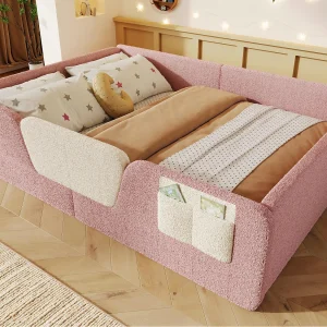 Gestoffeerd kinderbed 140×190 cm – met verwijderbare veiligheidshekken – met opbergzak – roze (matras niet inbegrepen) Gestoffeerd kinderbed 140×190 cm – met verwijderbare veiligheidshekken – met opbergzak – roze (matras niet inbegrepen)