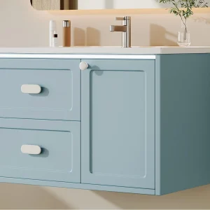 Hangend badkamermeubel 76x46x51 cm – met keramieken wastafel – 2 lades en 1 deur – met LED – Blauw Hangend badkamermeubel 76x46x51 cm – met keramieken wastafel – 2 lades en 1 deur – met LED – Blauw