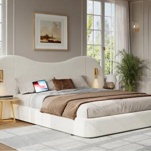 Gestoffeerd bed met opbergruimte 180×200 cm – met USB en leeslamp – Bouclé stof – Wit (zonder matras) Gestoffeerd bed met opbergruimte 180×200 cm – met USB en leeslamp – Bouclé stof – Wit (zonder matras)