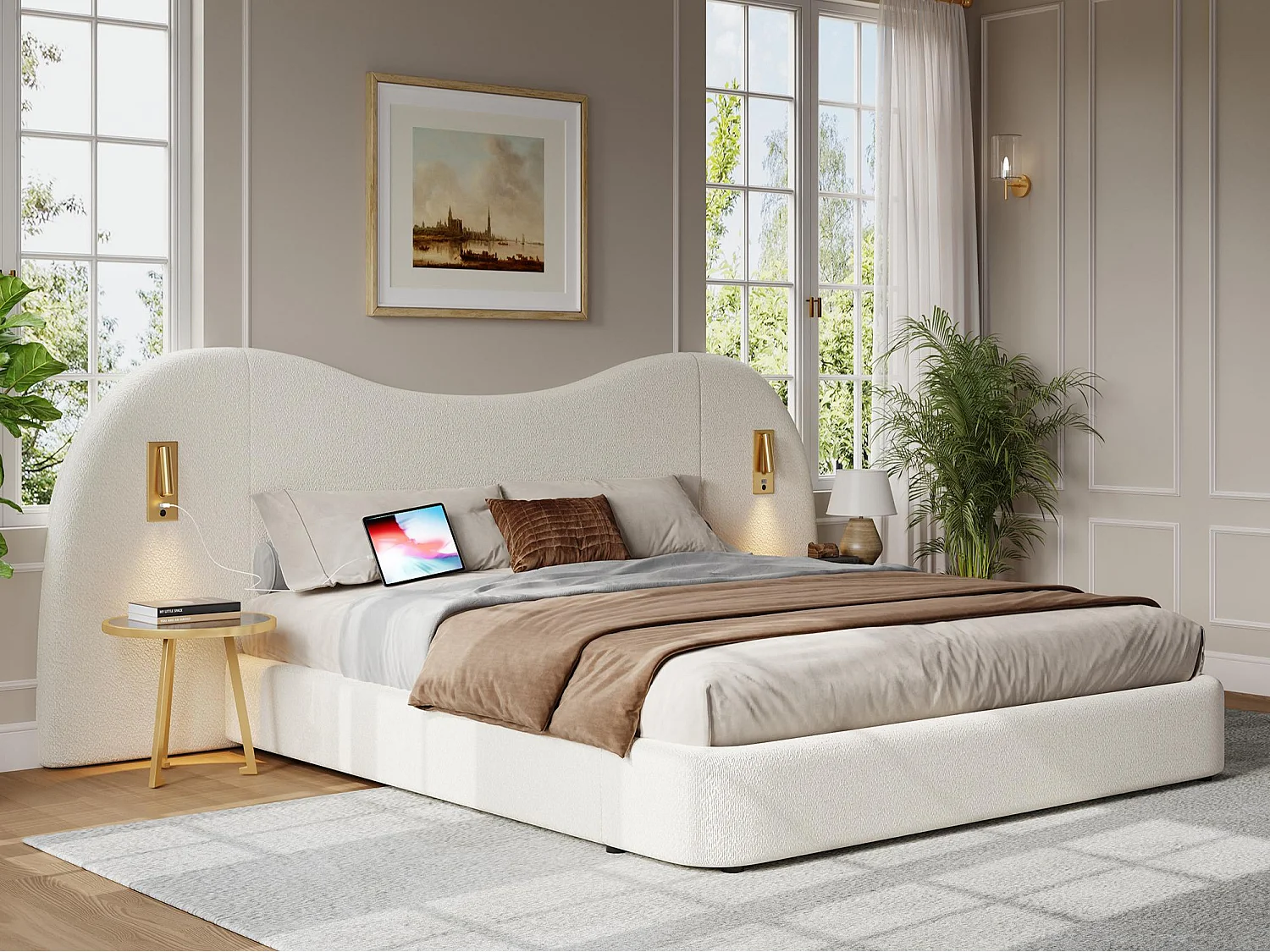 Gestoffeerd bed met opbergruimte 180x200 cm - met USB en leeslamp - Bouclé stof - Wit (zonder matras)