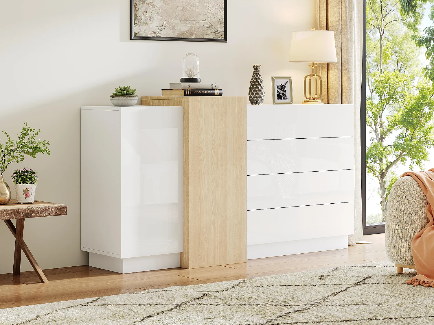 Glanzend buffet 140x35x81 cm - met 2 deuren - met 4 laden - MDF - wit