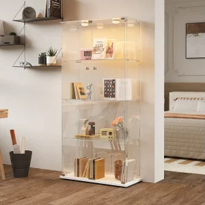 Glazen vitrinekast met ontspiegelende verlichting, twee afsluitbare deuren, vier schappen, 163 x 78,5 x 35 cm, wit Glazen vitrinekast met ontspiegelende verlichting, twee afsluitbare deuren, vier schappen, 163 x 78,5 x 35 cm, wit