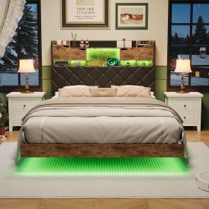 Hangend bed van 140×200 cm met LED- en USB-aansluitingen – Hoofdbord met opbergruimte – PU – Zwarte tijgerstrepen