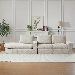 Hoekbank met 3 zitplaatsen, chaise longue en 3 kussens – Beige chenillestof
