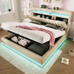 Gestoffeerd tweepersoonsbed met opbergruimte – 140 x 190 cm – met opberghoofdbord + USB + LED's + hydraulische opbergruimte – linnen – beige