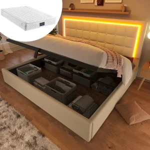 Gestoffeerd tweepersoonsbed met opbergruimte – 140 x 200 cm – met lattenbodem + LED-verlichting + hydraulische opbergruimte – PU – wit (matras inbegrepen) Gestoffeerd tweepersoonsbed met opbergruimte – 140 x 200 cm – met lattenbodem + LED-verlichting + hydraulische opbergruimte – PU – wit (matras inbegrepen)