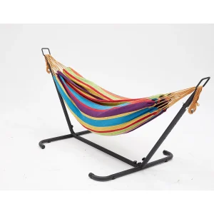 Hangmat met stalen frame in regenboogkleuren van polyester voor volwassenen, bestand tegen weersinvloeden Hangmat met stalen frame in regenboogkleuren van polyester voor volwassenen, bestand tegen weersinvloeden