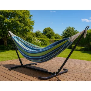Hangmat op standaard 2,6 m in blauw/groen polyesterweefsel COPACABANA voor comfortabel buiten dutje