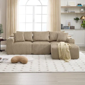 Hoekbank – 2-Zits Met Chaiselongue Modulair – Met Zijvakken, Drinkhouder & 5 Kussens – Hoogdicht Schuim Voor Langdurig Zitcomfort – Ribfluweel – Khaki Hoekbank – 2-Zits Met Chaiselongue Modulair – Met Zijvakken, Drinkhouder & 5 Kussens – Hoogdicht Schuim Voor Langdurig Zitcomfort – Ribfluweel – Khaki