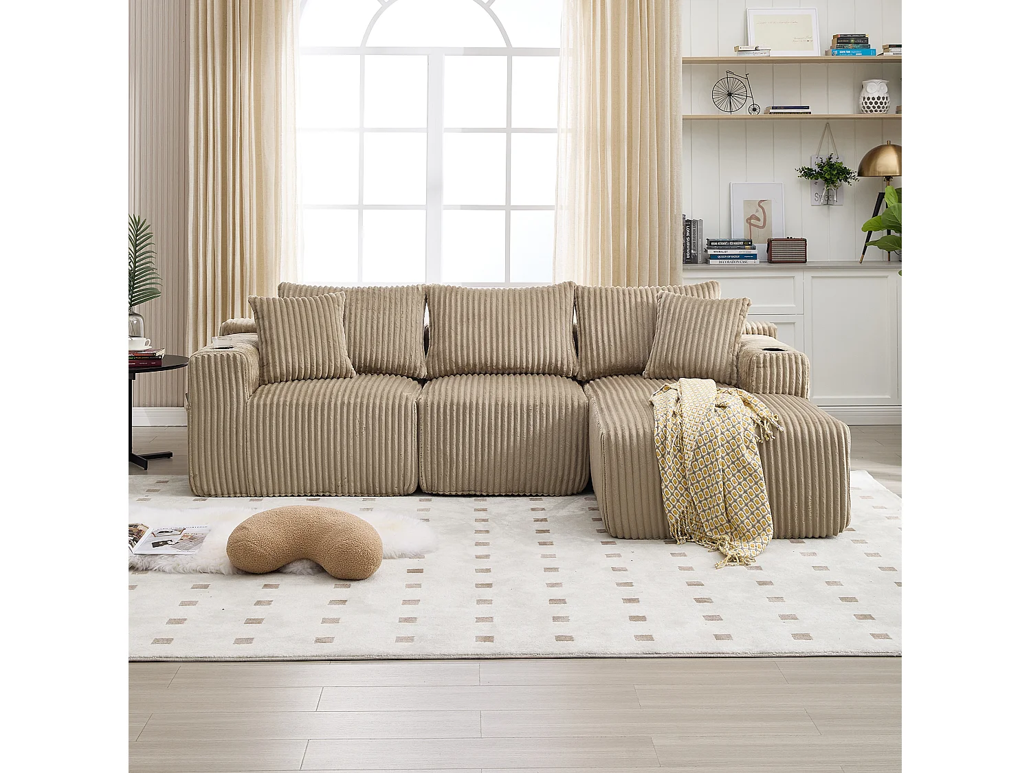 Hoekbank – 2-Zits Met Chaiselongue Modulair – Met Zijvakken, Drinkhouder & 5 Kussens – Hoogdicht Schuim Voor Langdurig Zitcomfort – Ribfluweel – Khaki