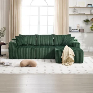 Hoekbank – 2-Zits Met Chaiselongue – Modulaire Met Zijvakken & Bekerhouder – Ribfluweel – Smaragdgroen – Met 5 Kussens Voor Woonkamer & Studio Hoekbank – 2-Zits Met Chaiselongue – Modulaire Met Zijvakken & Bekerhouder – Ribfluweel – Smaragdgroen – Met 5 Kussens Voor Woonkamer & Studio