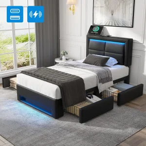 Gestoffeerd Bed 90×200 cm – Bed Met Lades En LED-Verlichting – PU – Zwart