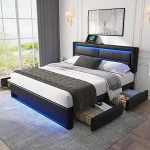 Gestoffeerd Bed 140×200 cm – Bed Met Lades En Verstelbaar Hoofdeinde – PU – Zwart