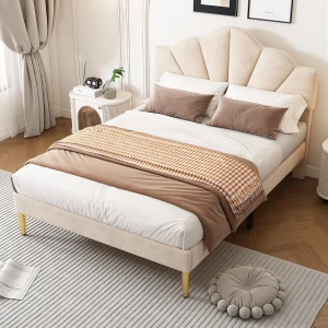 Gestoffeerd Bed 140×200 Cm – Schelpvormig Hoofdbord Verstelbaar In 2 Hoogtes – Lattenbodem – 22 Cm Opbergruimte – Fluweel – Zonder Matras – Beige