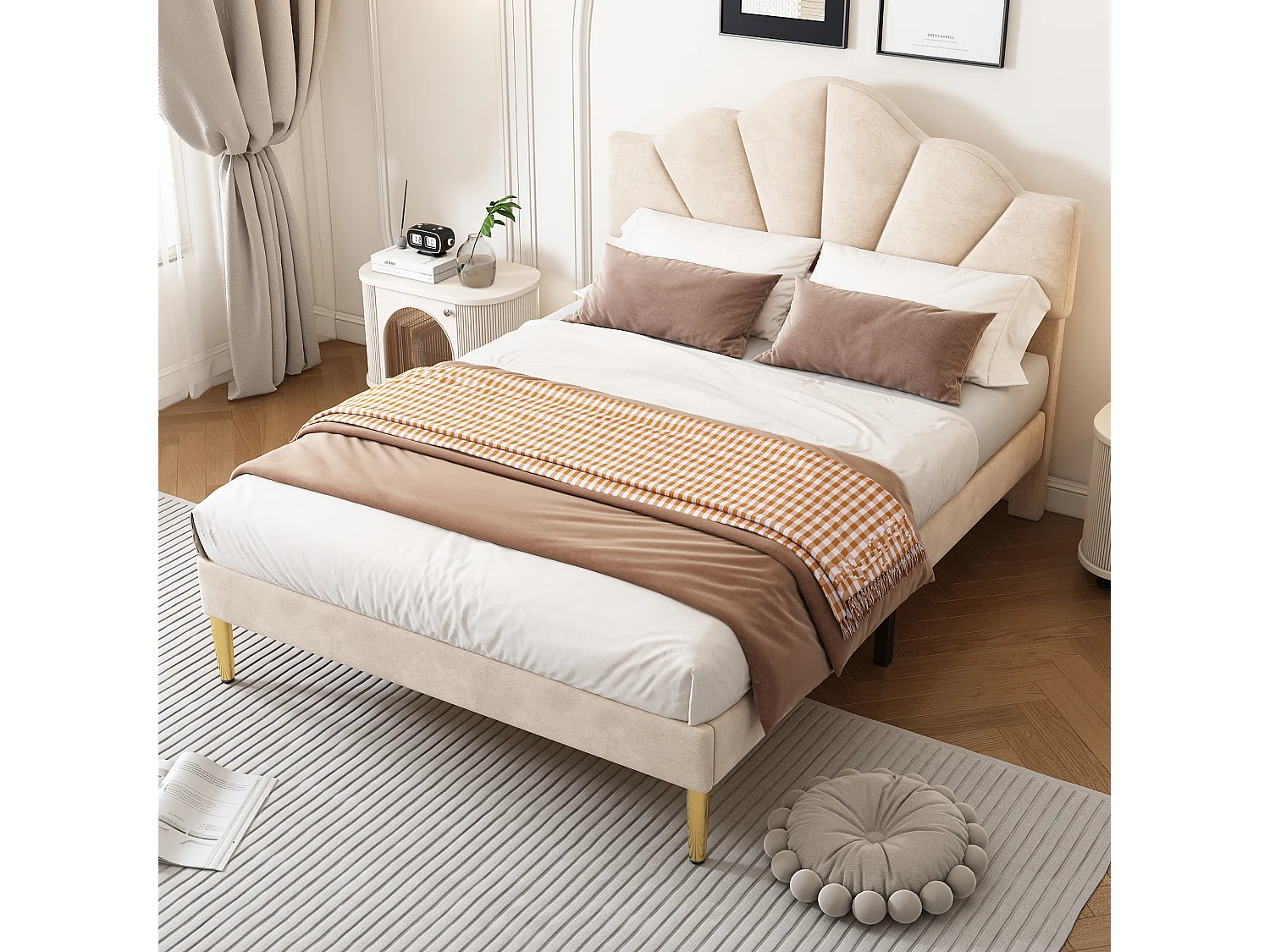 Gestoffeerd Bed 140x200 Cm – Schelpvormig Hoofdbord Verstelbaar In 2 Hoogtes – Lattenbodem – 22 Cm Opbergruimte – Fluweel – Zonder Matras – Beige