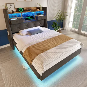 Gestoffeerd Bed 90×200 cm – LED Sfeerverlichting Met Muziekmodus – Ingebouwd Laadstation (USB-C + 3 USB) – Linnen Stijl – Grijs – Zonder matras