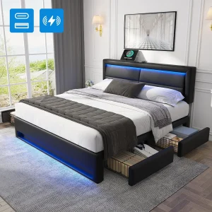 Gestoffeerd Bed 140x190cm – Draadloos en Bekabeld Opladen met USB – LED 12 Kleuren – 4 Laden – PU Litchi – Zwart – Zonder matras