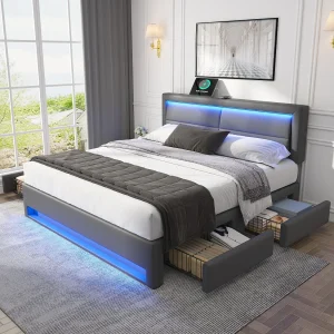 Gestoffeerd Bed 140×200 cm – Bed Met Lades En Verstelbaar Hoofdeinde – PU – Grijs