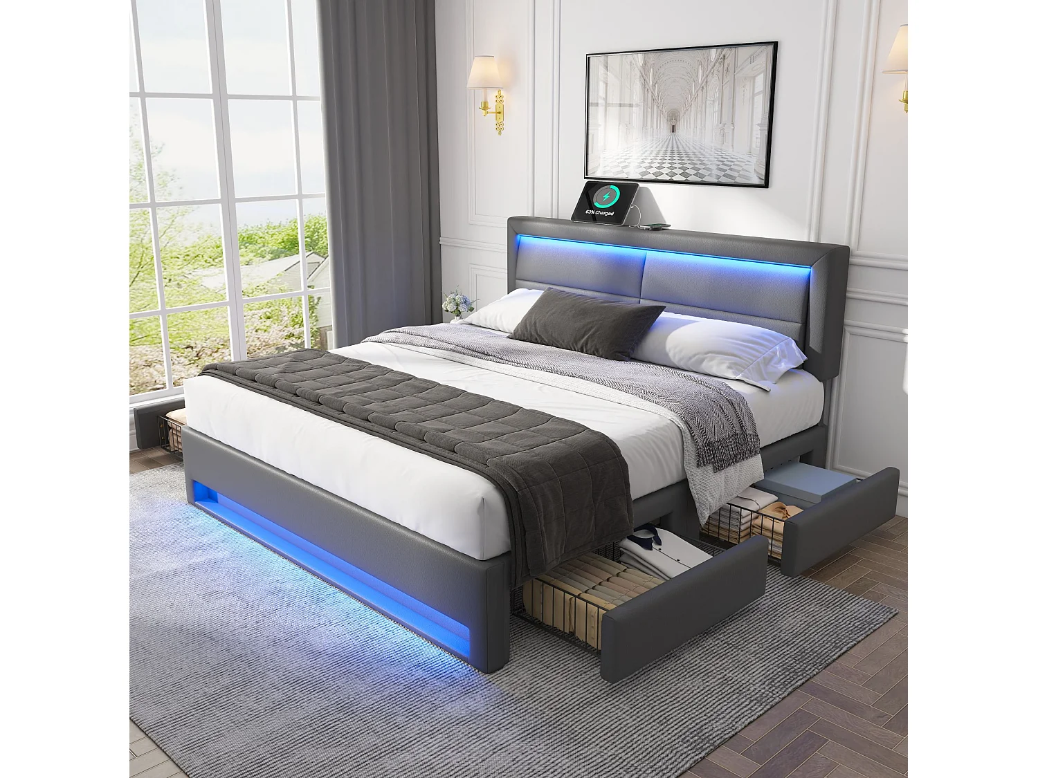 Gestoffeerd Bed 140x200 cm - Bed Met Lades En Verstelbaar Hoofdeinde - PU - Grijs