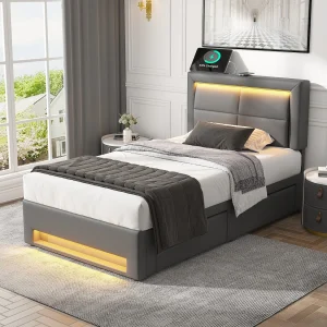 Gestoffeerd Bed 90x200cm – Met Usb Opladen En Led Verlichting – Met 4 Lades – Voor Slaapkamer – Pu – Zonder Matras – Grijs