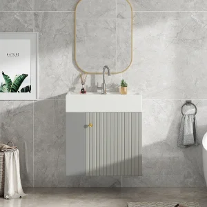 Hangend Wastafelmeubel 55 x 31 x 66,5 cm – Met Opbergruimte Onder Wastafel – Keramiek Wit + Grijze Spaanplaat