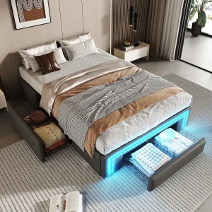 Gestoffeerd Bed 90x200cm – PU-leer Met RGB LED Sfeerverlichting – Zonder Hoofdeinde – Met Opberglades – Modern Slaapkamer – Grijs – Zonder matras