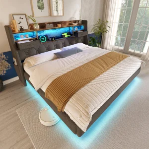 Gestoffeerd Bed 140×200 cm – LED & Oplaadstation (Type-C + USB Snellader) – Opbergruimte in Hoofdbord – Slaapkamer – Linnen – Grijs – Zonder matras