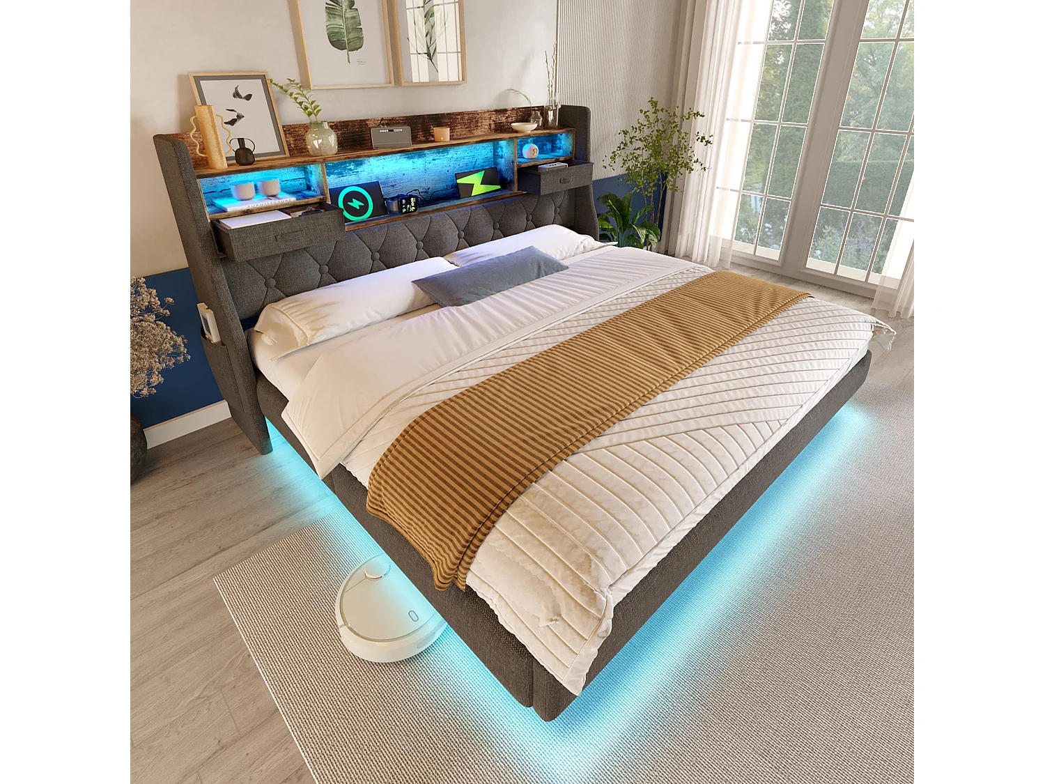 Gestoffeerd Bed 140x200 cm - LED & Oplaadstation (Type-C + USB Snellader) - Opbergruimte in Hoofdbord - Slaapkamer - Linnen - Grijs - Zonder matras
