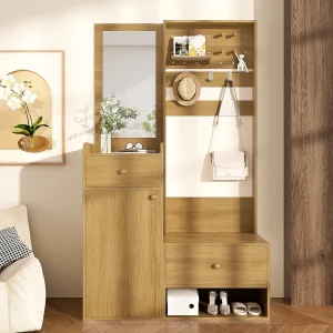 Halmeubel Garderobe – 105×38×180 cm – Met Spiegel – 2 Laden En 1 Gesloten Kast – Verstelbare Haken – Spaanplaat Houtkleurig Halmeubel Garderobe – 105×38×180 cm – Met Spiegel – 2 Laden En 1 Gesloten Kast – Verstelbare Haken – Spaanplaat Houtkleurig