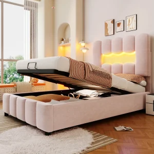 Gestoffeerd Bed 90×200 cm – Met Hydraulische Opbergruimte en LED – Verstelbaar Hoofdeinde – Velours – Roze – Zonder matras