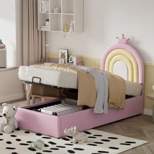Gestoffeerd Bed 90×200 cm – Verstelbaar Hoofdeinde en Houten Lattenbodem – Zonder Opbergruimte – Voor Tieners – Kunstleer – Roze – Zonder matras