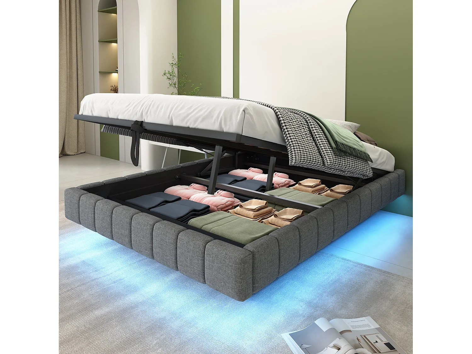 Gestoffeerd Bed 140x200cm - Zwevend Met LED Kleurwisselaar - Hydraulisch Opbergbed Met Gasveer - Stof Linnenlook - Grijs - Zonder matras
